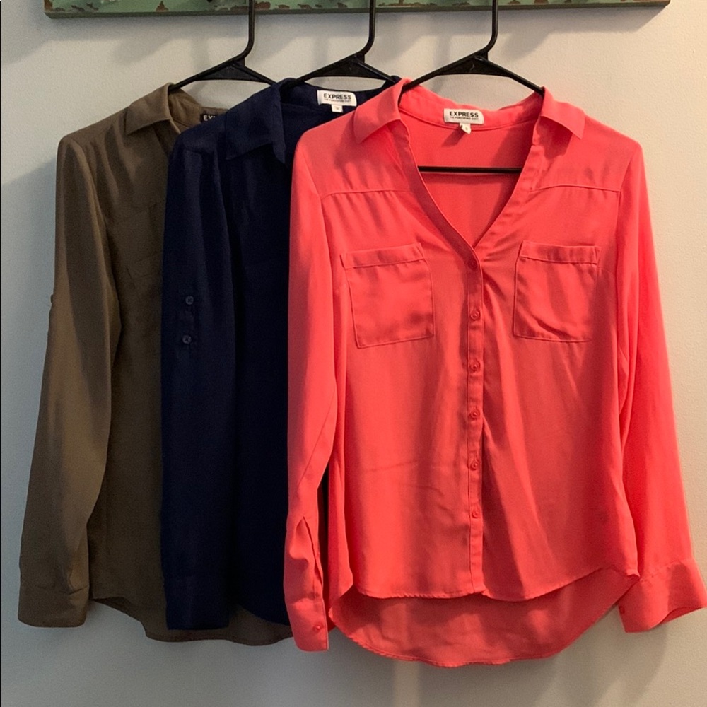 Express Women's Button-Up Blouse - Coral, Navy, Olive (portofino)